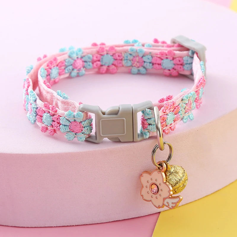 Adjustable Pet Collar with Bell — Colorful Paw Print Cat & Dog Collar Necklace